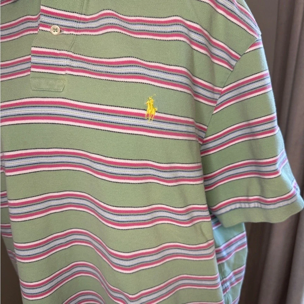 Ralph Lauren Green Polo with Stripes and signature horse logo.
